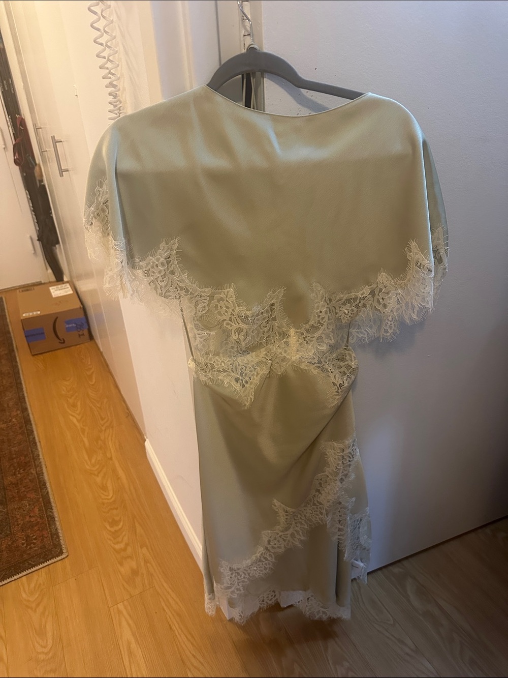 Zara light sage green midi dress with cream lace trim